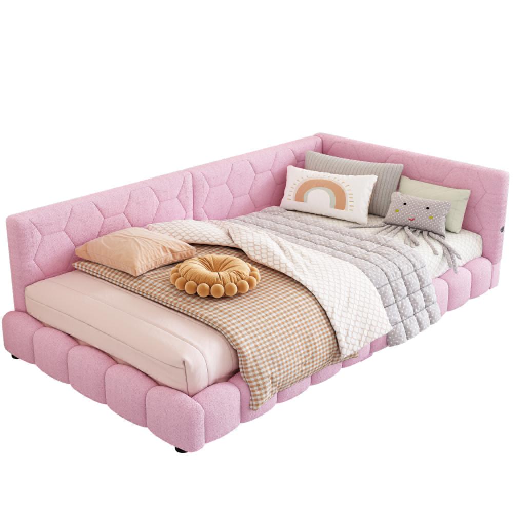 Merax Polsterbett, LED Einzelbett Daybett Tagesbett Samt 90x200cm mit USB-Anschluss Rosa Bild 1