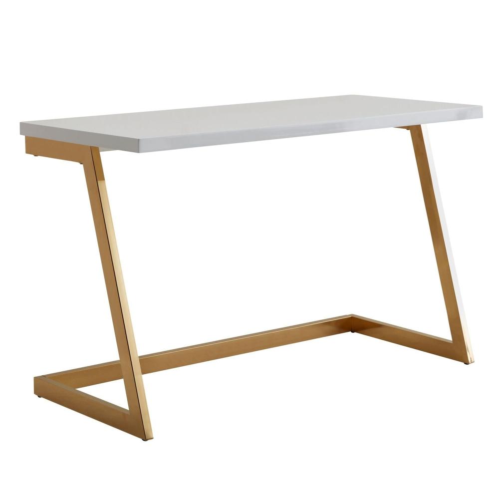 Schreibtisch 120 x 55 x 76 cm Hochglanz Weiß / Gold PC-Tisch mit Metallbeine Bild 1