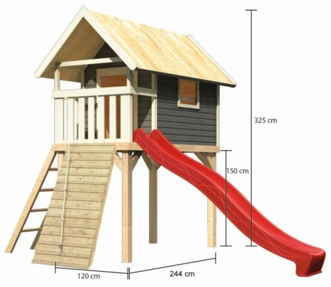 Karibu Stelzenhaus Gernegroß Set Aktion2 terragrau mit Rutsche und Holzrampe blau Bild 1