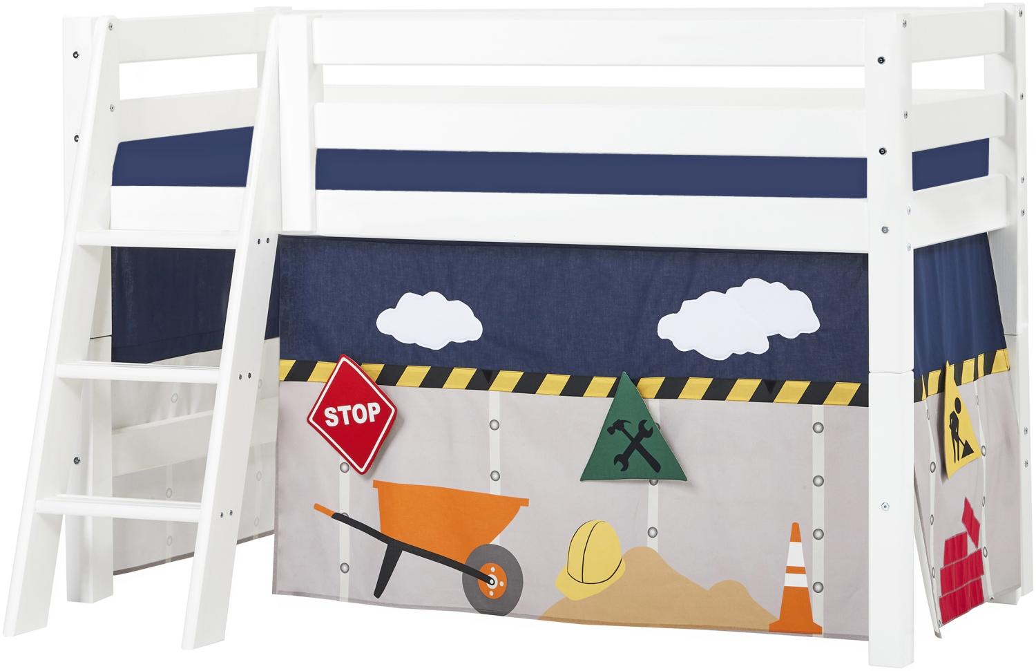 BUNDLE ECO Luxury Halbhochbett 70x160 cm mit schräger Leiter, mit CONSTRUCTION-Vorhang und Kaltschaum-Matratze Bild 1
