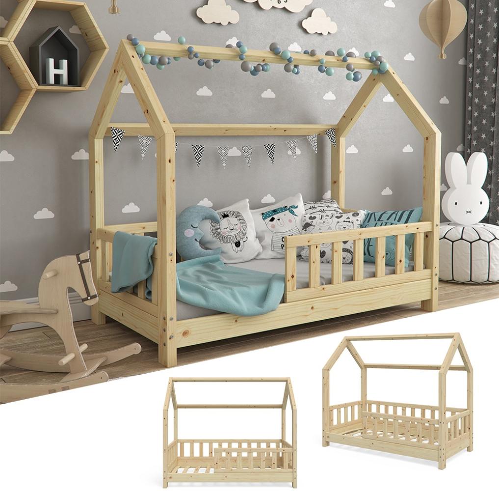 VitaliSpa Kinderbett Hausbett Wiki 70x140cm Natur Kinder Bett Holz Haus Schlafen Hausbett Spielbett Inkl. Lattenrost und Zaun Fallschutzgitter (Natur) Bild 1