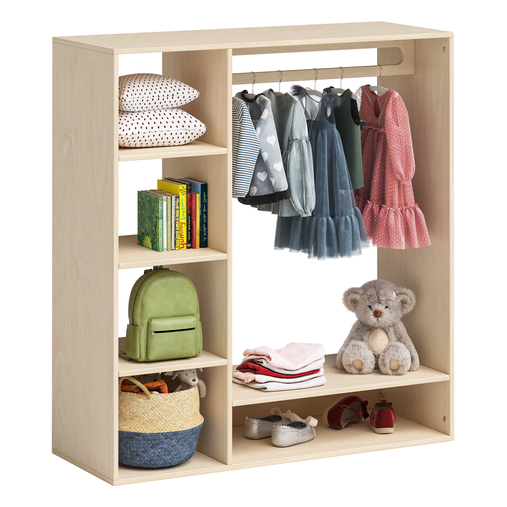 Bellabino 'Tea' Kindergarderobe, natur unbehandelt, Sperrholz Birke, 114x40x105 cm, mit Kleiderstange und 6 Ablagefächern Bild 1