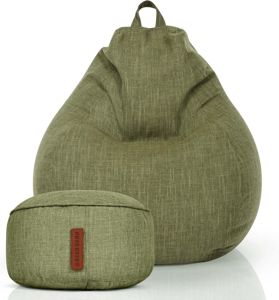 Green Bean© 2er Set Indoor XXL Sitzsack "Home Linen" + Hocker mit EPS-Perlen Füllung - Sitz-pouf Sitzkissen Sitzhocker Bean Bag Grün Bild 1