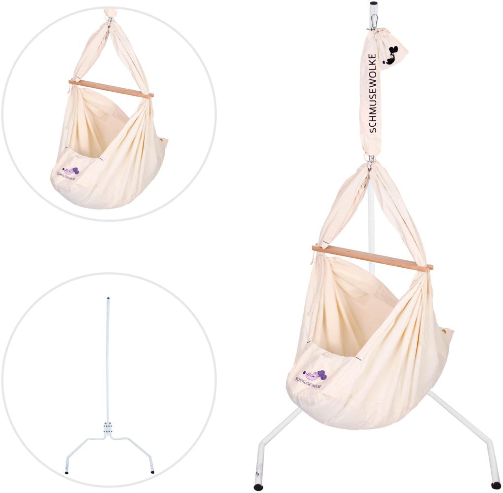 SCHMUSEWOLKE Baby Federwiege Babyhängematte Babywiege Reisebett | BIO-Baumwolle mit Schafwollmatratze | Ab der Geburt bis 3 Jahre | incl. Gestell PopArt weiss (unbedrenklich bis 40kg) Bild 1