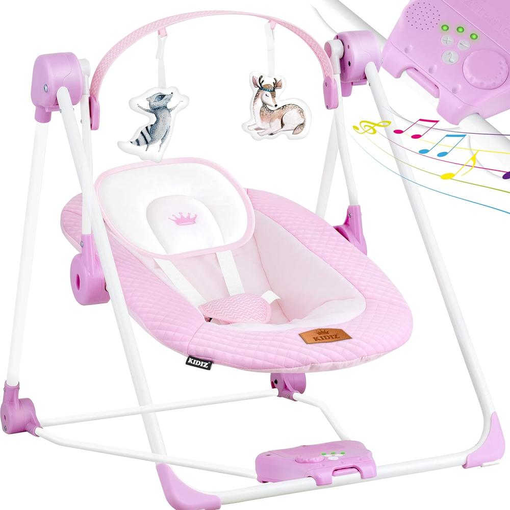 KIDIZ® Babywippe Babyschaukel mit 5 Geschwindigkeitseinstellungen zusammenklappbarer Baby Wippe Schaukel Babyhochstuhl mit Spielbogen Spielzeugen 5 beruhigende Naturgeräusche neugeborene Pink Bild 1