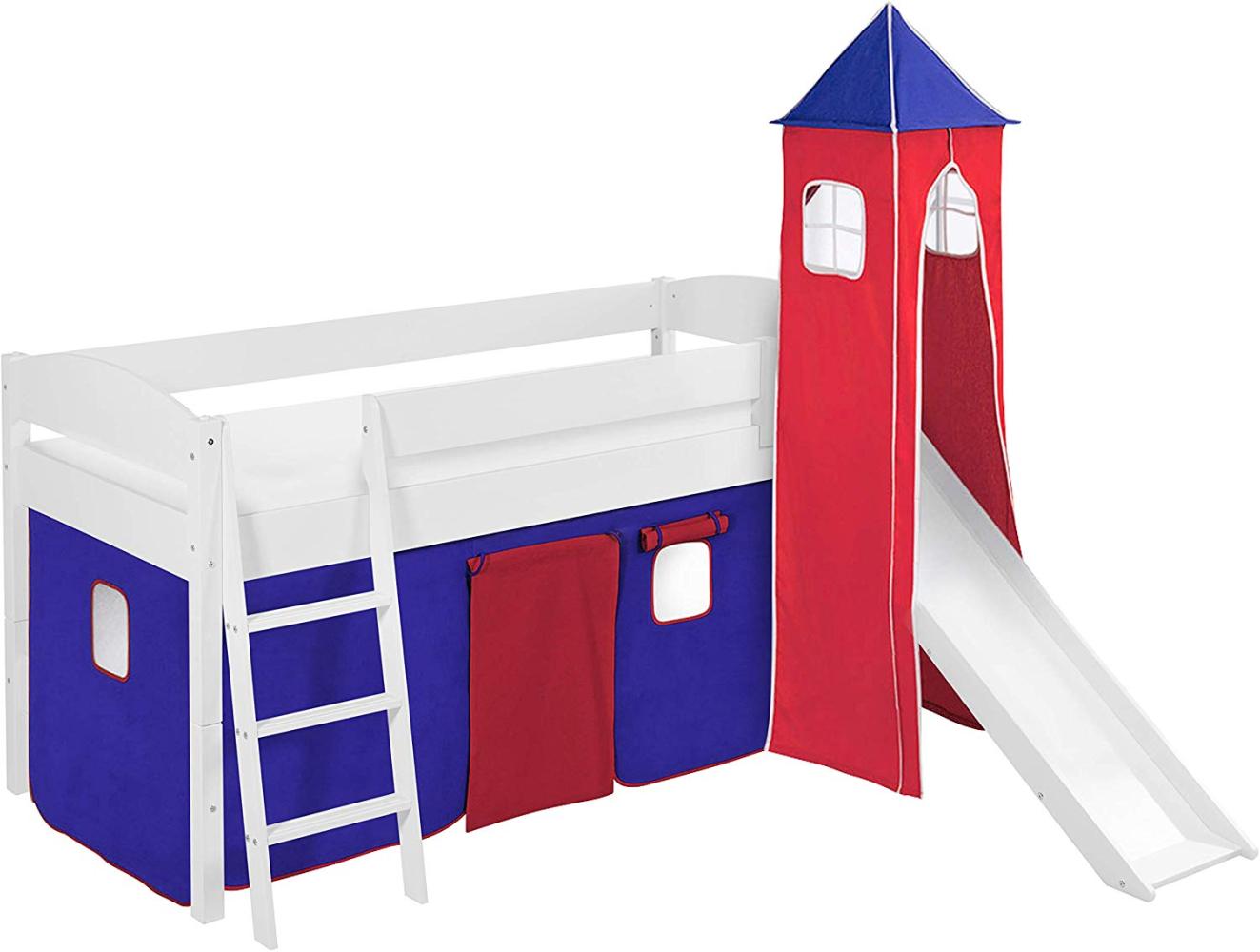 Lilokids 'Ida 4105' Spielbett 90x200 cm, Blau Rot, Kiefer massiv, mit Turm, Rutsche und Vorhang Bild 1