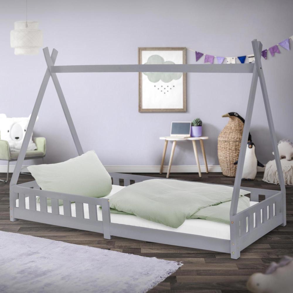 ML-DESIGN Kinderbett Hausbett mit Rausfallschutz und Lattenrost Massivholz, Bett 90x200 Hellgrau aus Kiefernholz Spielbett Zelt mit Zaun Bild 1