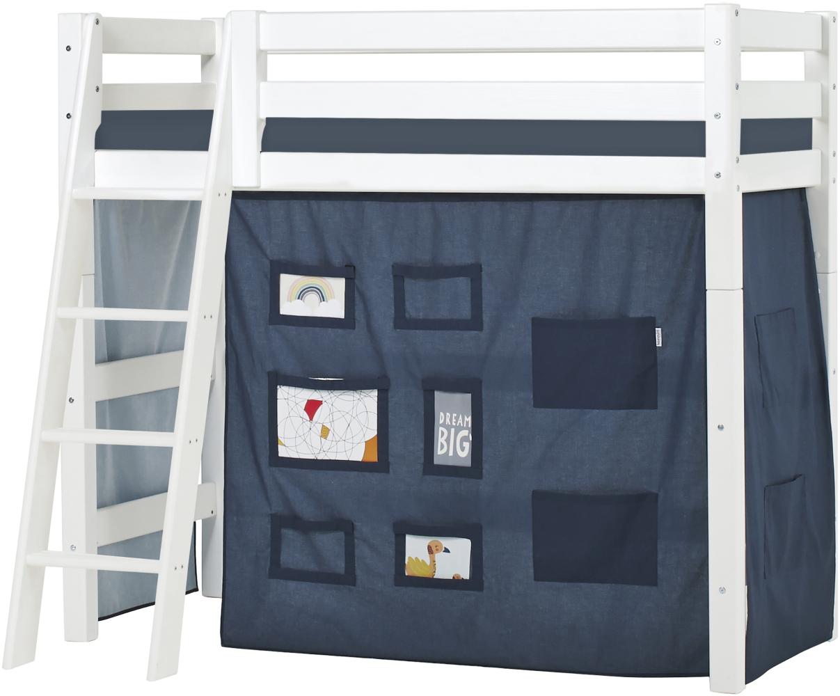 BUNDLE ECO Luxury Mittel-Hochbett 70x160 cm mit schräger Leiter, mit CREATOR Vorhang in Orion Blue und Kaltschaum-Matratze Bild 1
