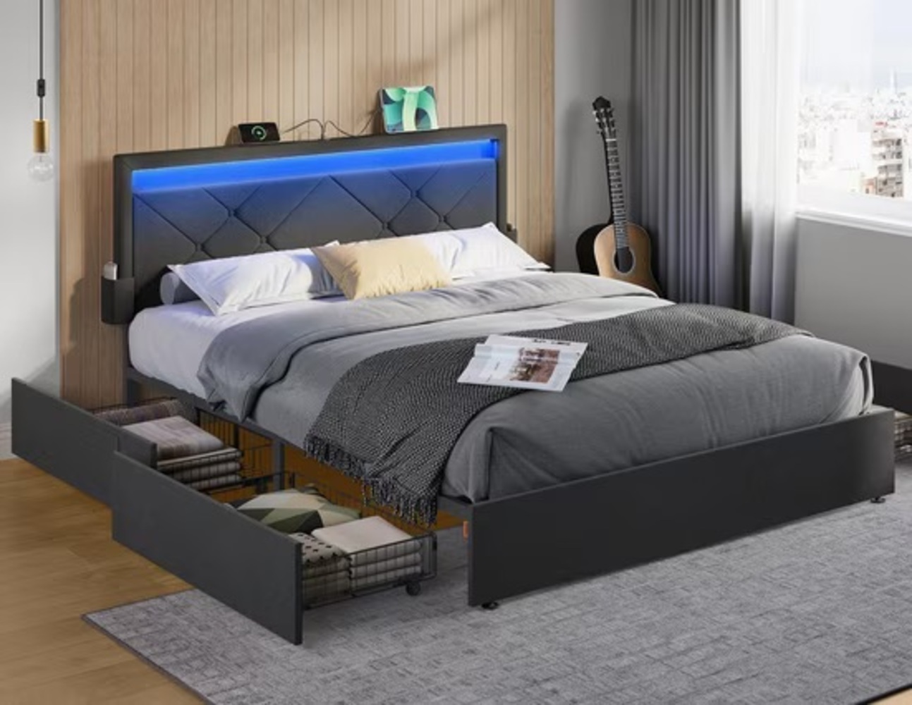 VASAGLE Doppelbettgestell mit LED, Ladestation, 4 Schubladen & verstellbares gepolstertes Kopfteil, Schaumstoff schiefergrau / mattschwarz, 160x200 cm Bild 1