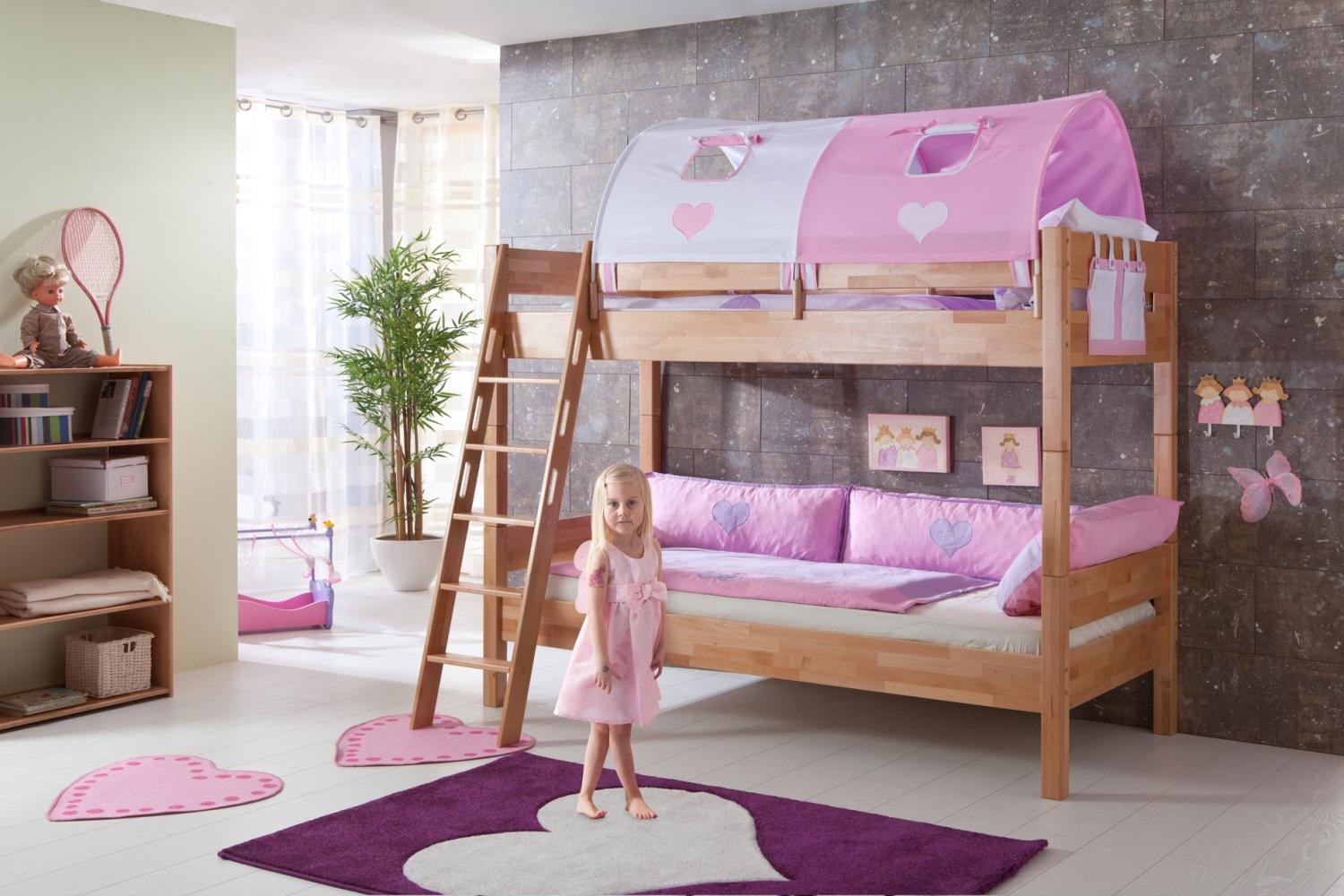 Relita Etagenbett STEFAN Buche massiv natur lackiert, Stabverleimt, geplankte Optik, mit Textilset rosa/weiß Bild 1