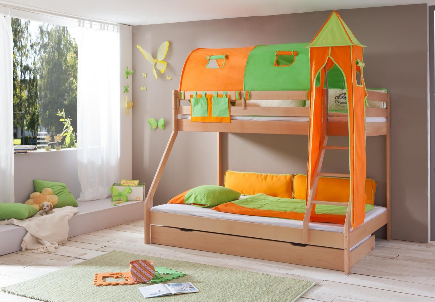 Etagenbett MIKE in Buche massiv natur lackiert, inkl. Bettschublade und Textilset Bild 1