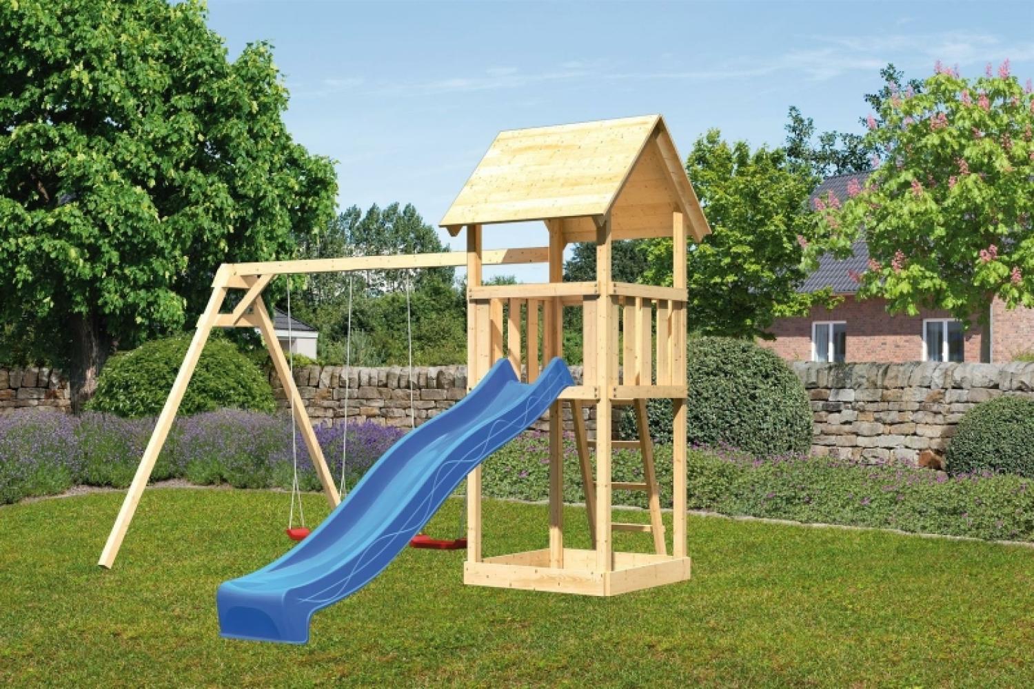Karibu Kinderspielturm Lotti Satteldach Set naturbelassen mit Doppelschaukel ECO und Rutsche blau Bild 1