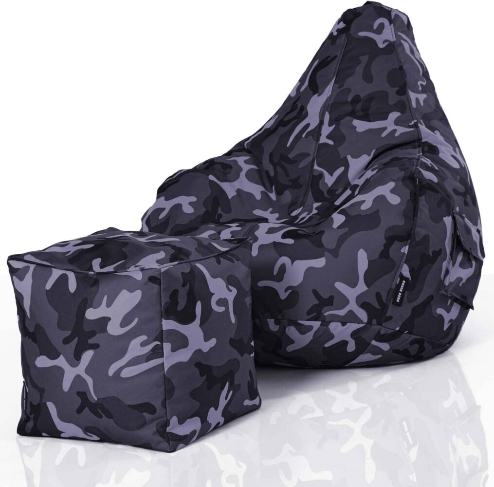 Green Bean© 2er Set Sitzsack + Hocker "Cozy+Cube" - fertig befüllt - Bean Bag Bodenkissen Sitzhocker Gamingstuhl Pouf - Camouflage Schwarz Bild 1