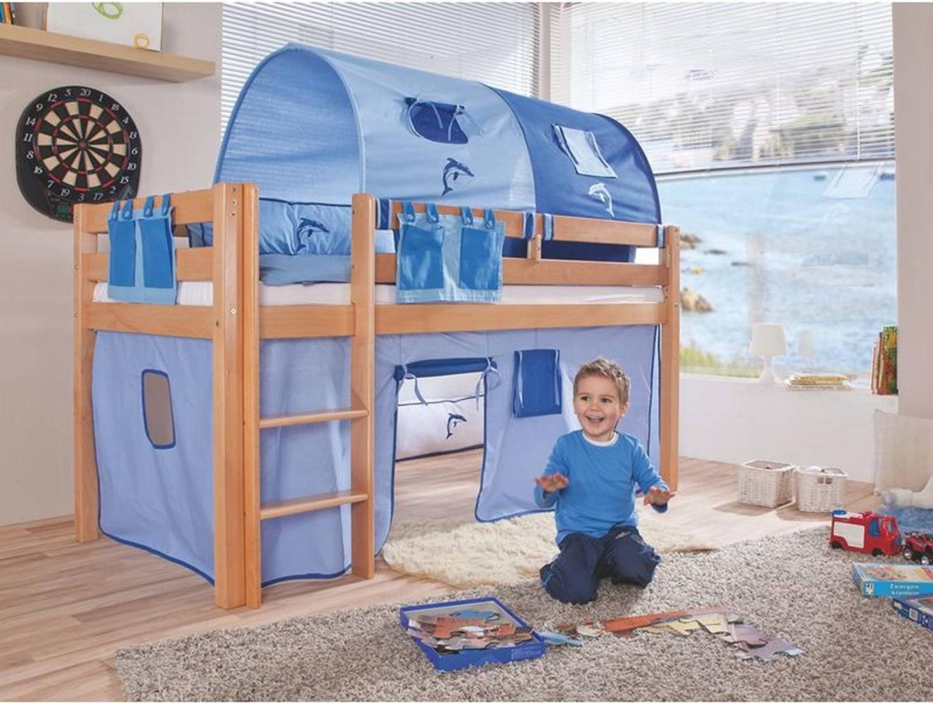 Relita Halbhohes Spielbett ALEX Buche massiv natur lackiert mit Stoffset blau/delfin Bild 1