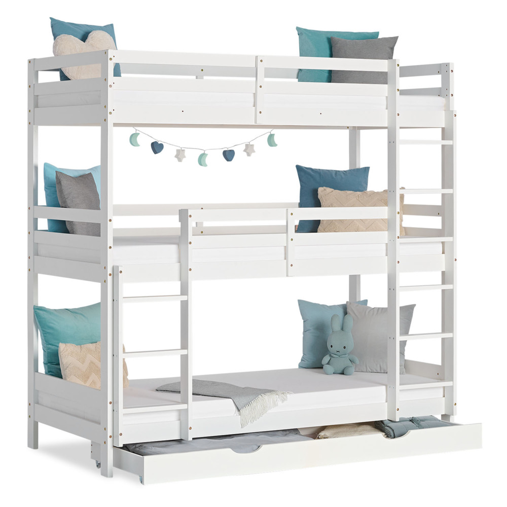 Homestyle4u Etagenbett mit 3 Liegeflächen und Bettkasten, Kiefernholz weiß, 90x200 cm Bild 1