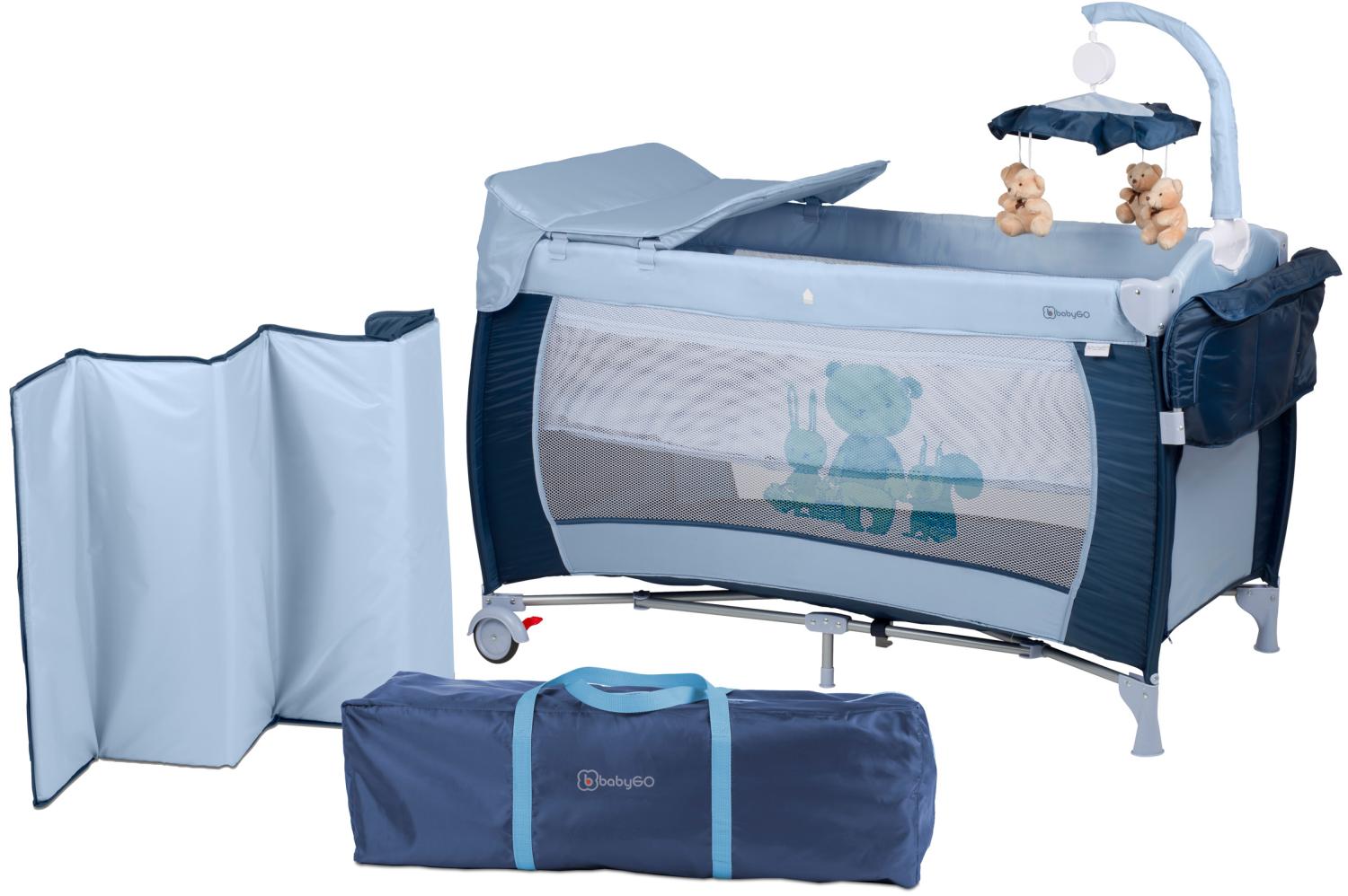 BabyGO 'Sleeper deluxe' Reisebett 60x120 cm, blau, mit Matratze, Wickelauflage, Mobile und Schlupf Bild 1