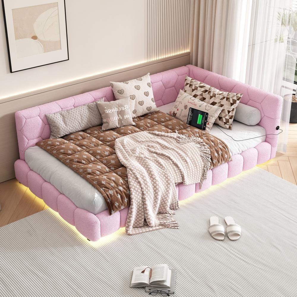 Merax Polsterbett, LED Einzelbett Daybett Tagesbett Samt 90x200cm mit USB-Anschluss Rosa Bild 1