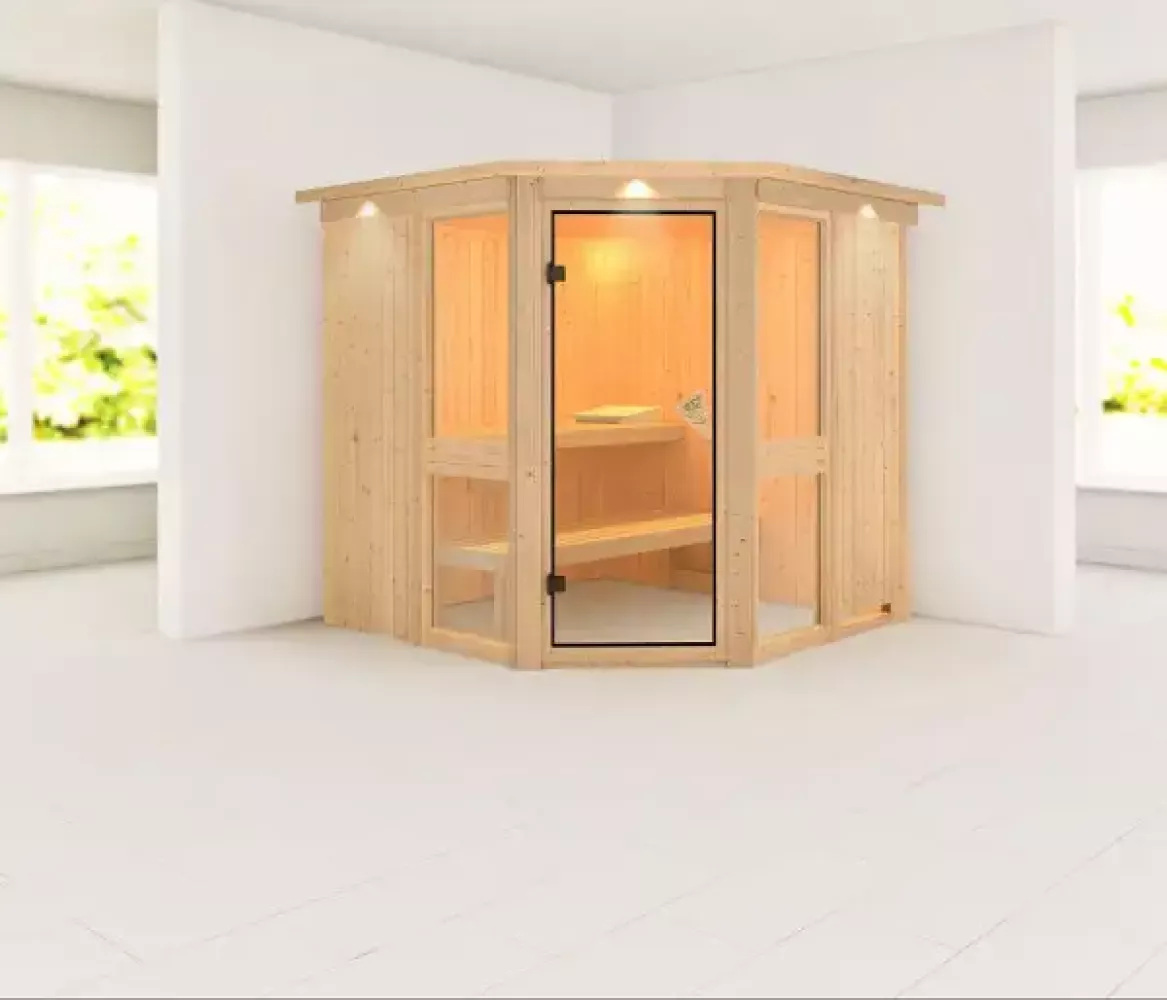 Karibu Sauna Amelia Innensauna 3 Sitzbänke aus Holz mit 68 mm Wandstärke, ohne Ofen, Ausführung: Mit Dachkranz, B 245 x T 210 x H 202 cm Bild 1