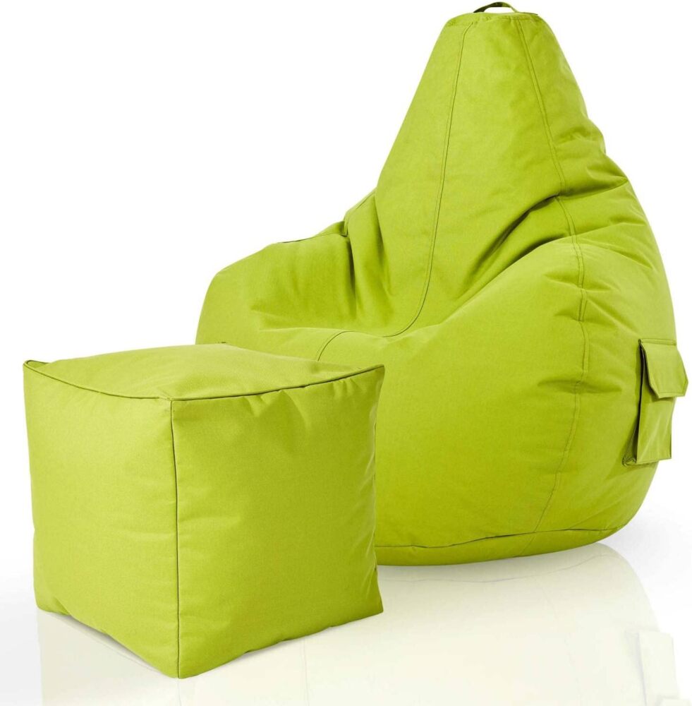 Green Bean© 2er Set Sitzsack + Hocker "Cozy+Cube" - fertig befüllt - Bean Bag Bodenkissen Lounge Sitzhocker Gamingstuhl Pouf - Hellgrün Bild 1