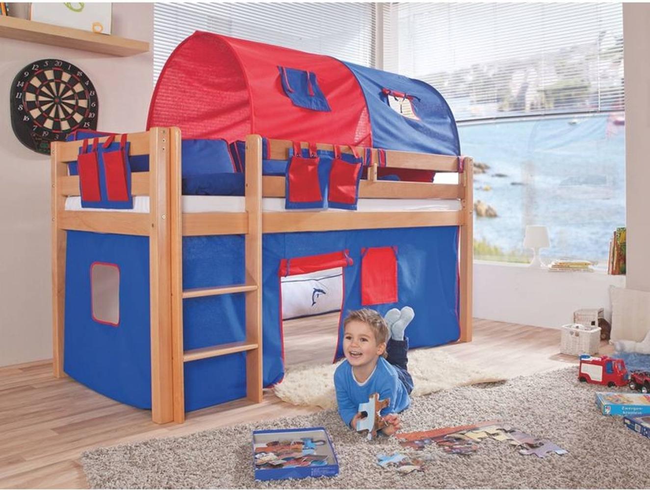 Relita Halbhohes Spielbett ALEX Buche massiv natur lackiert mit Stoffset blau/rot Bild 1