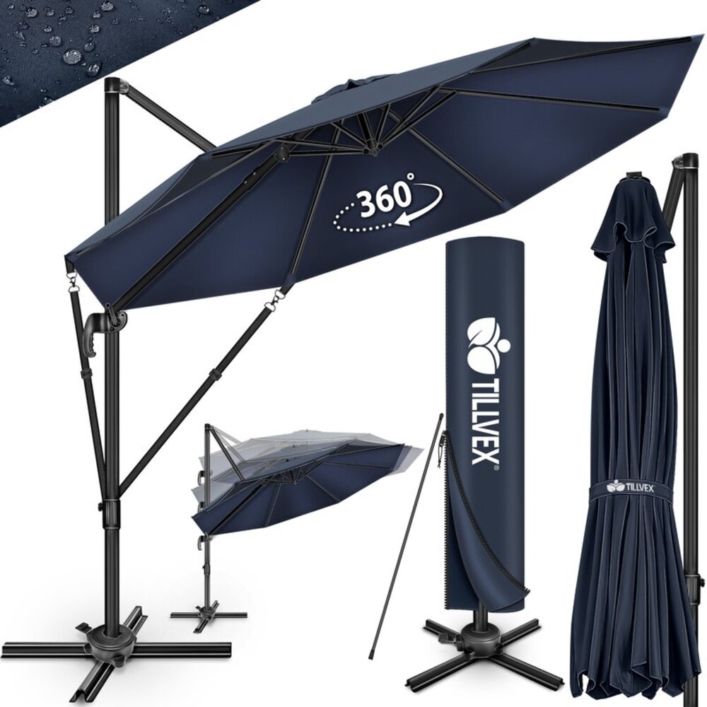 tillvex® Sonnenschirm verstellbar mit Kurbel, 360° drehbar, Polyester / Aluminium navy-blau, Ø 300 cm Bild 1