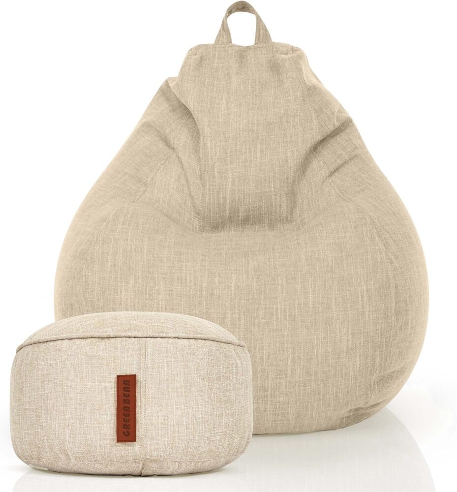 Green Bean© 2er Set Indoor Sitzsack "Home Linen" + Hocker mit EPS-Perlen Füllung - Sitz-pouf Sitzkissen Sitzhocker Bean Bag Sand Creme Bild 1