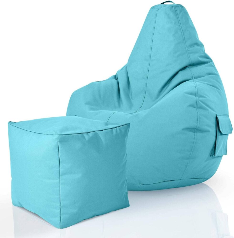 Green Bean© 2er Set Sitzsack + Hocker "Cozy+Cube" - fertig befüllt - Bean Bag Bodenkissen Lounge Sitzhocker Gamingstuhl Pouf - Aquamarin Bild 1