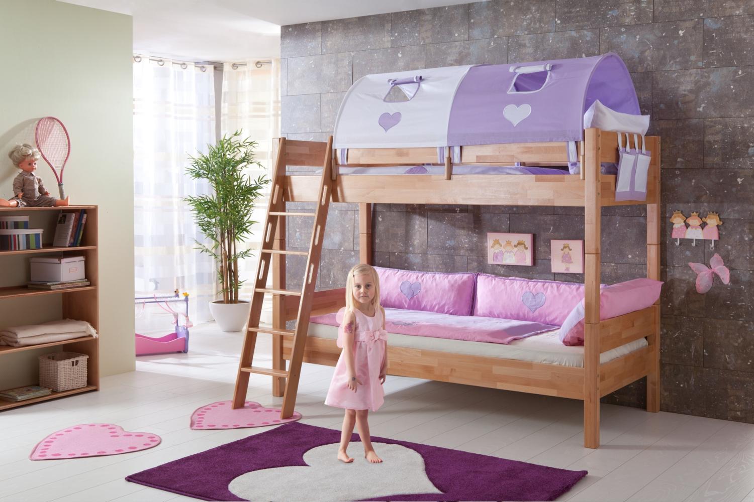 Relita Etagenbett STEFAN Buche massiv natur lackiert, Stabverleimt, geplankte Optik, mit Textilset purple/weiß Bild 1