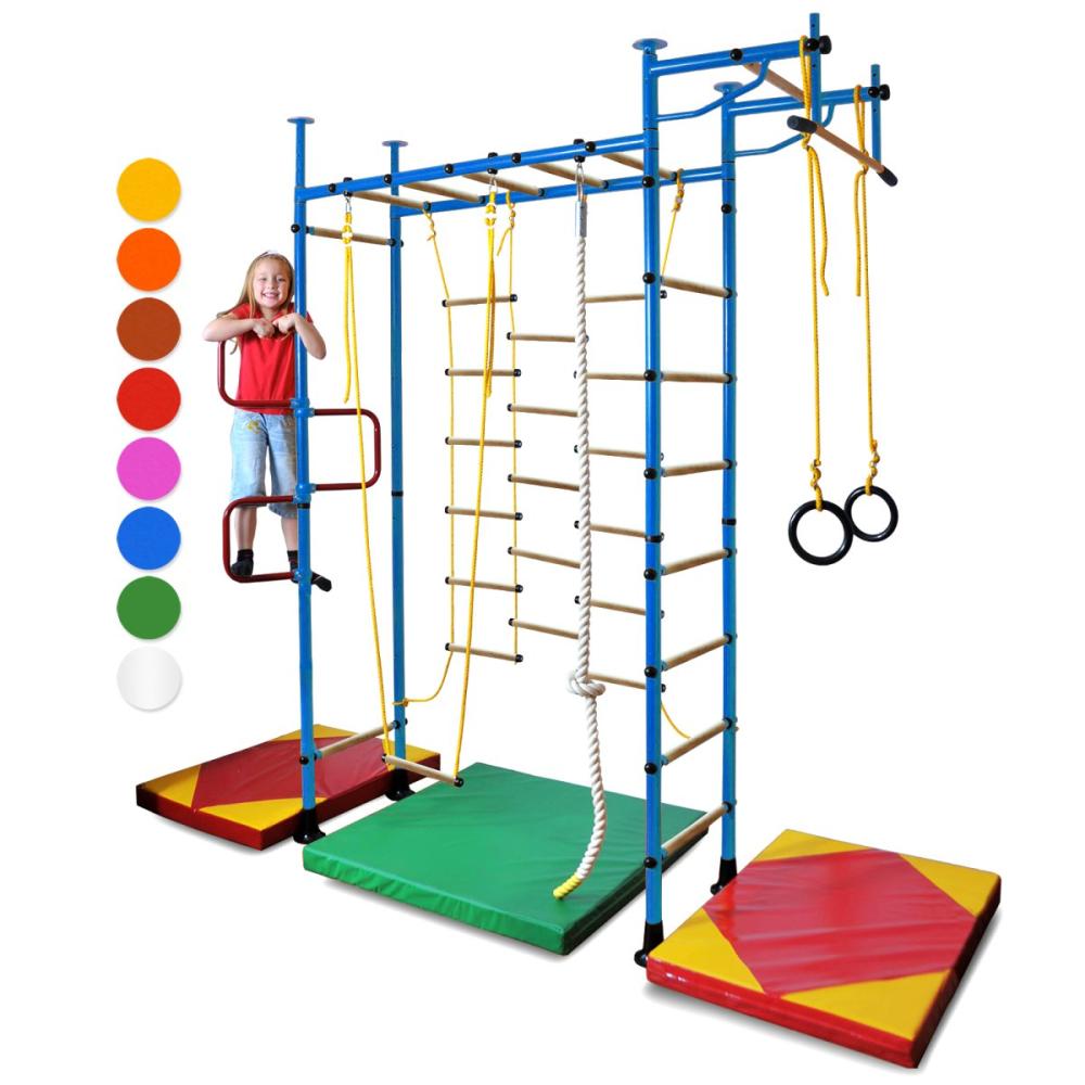 NiroSport Sprossenwand für Kinderzimmer M3 aufbau ohne bohrungen Made in Germany Holzsprossen Blau Raumhöhe 240 - 290 cm Bild 1