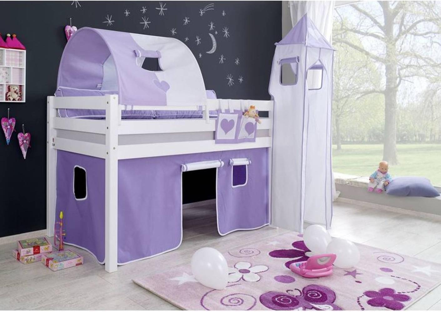 Relita Halbhohes Spielbett ALEX Buche massiv weiß lackiert mit Stoffset Vorhang, 1-er Tunnel, Turm, Tasche Bild 1