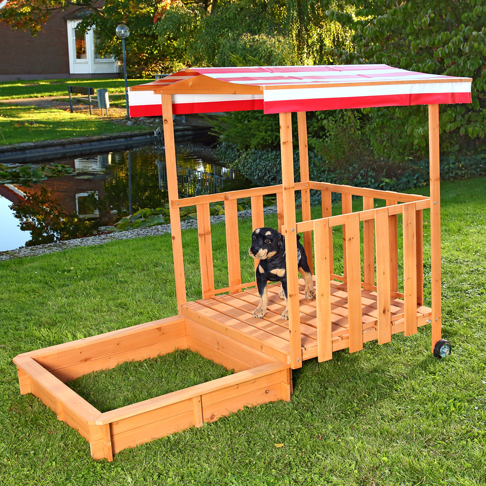 Mucola Sandkasten mit Spielveranda und Dach, Holz natur / rot, 100 x 182 x 140 cm Bild 1