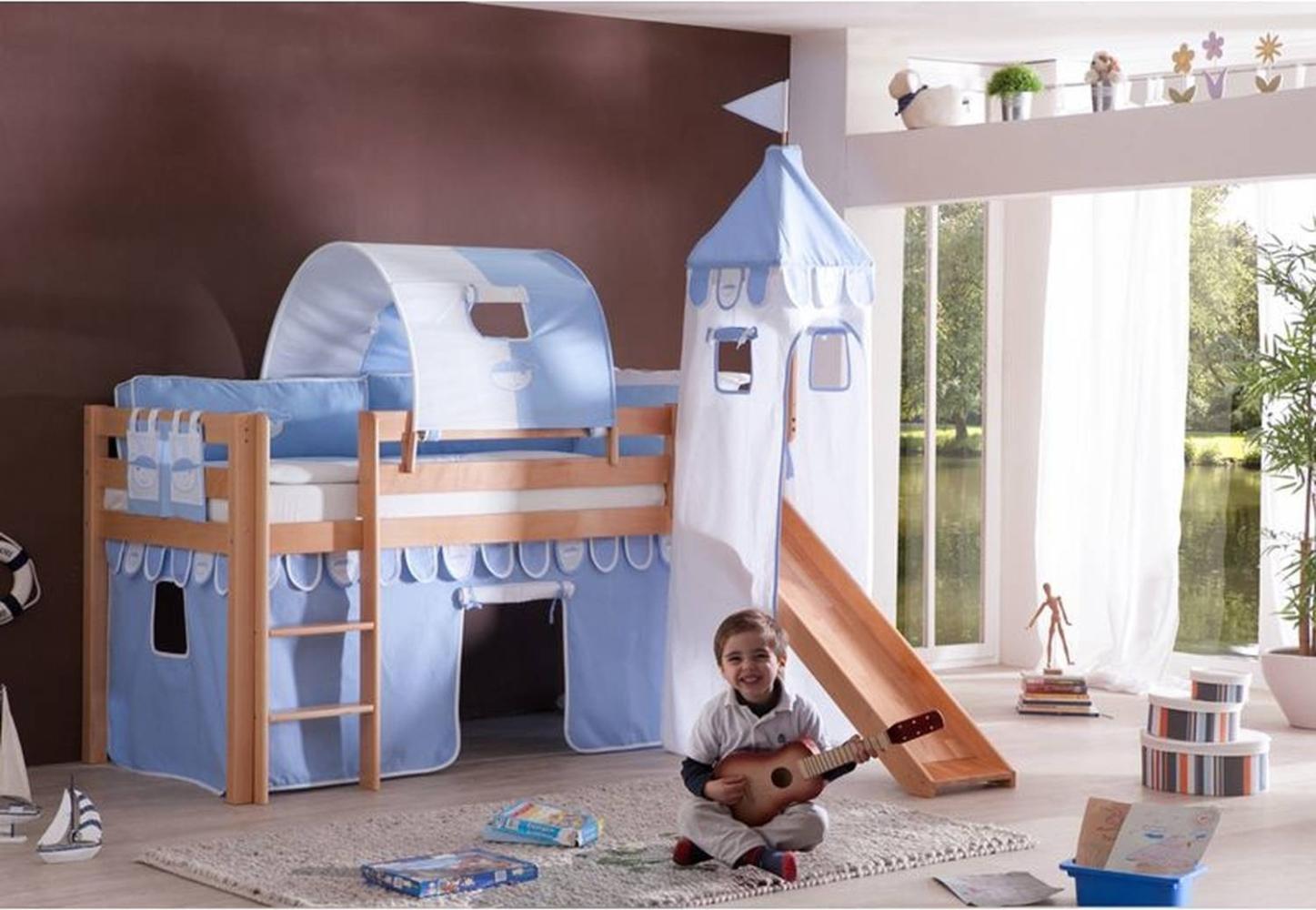 Relita Halbhochbett ALEX-13 mit Rutsche/Turm/Tunnel Buche massiv natur lackiert mit Stoffset blau/Boy Bild 1