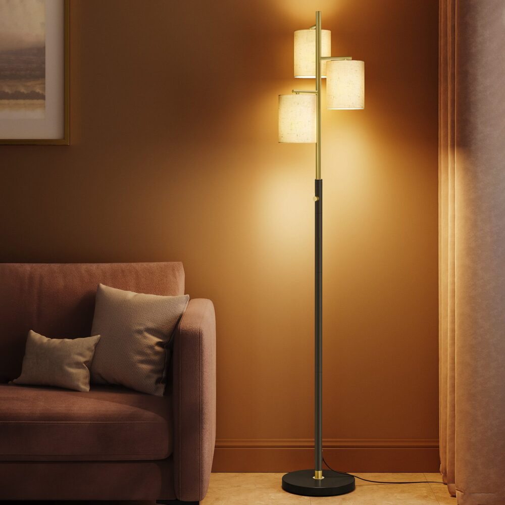 VASAGLE Stehleuchte, Standleuchte, Stehlampe mit 3 Glühbirnen, verstellbare Helligkeit, modern, Lampenschirm aus Stoff, 3 E27 Fassungen, gold-schwarz LFL003B02 Bild 1