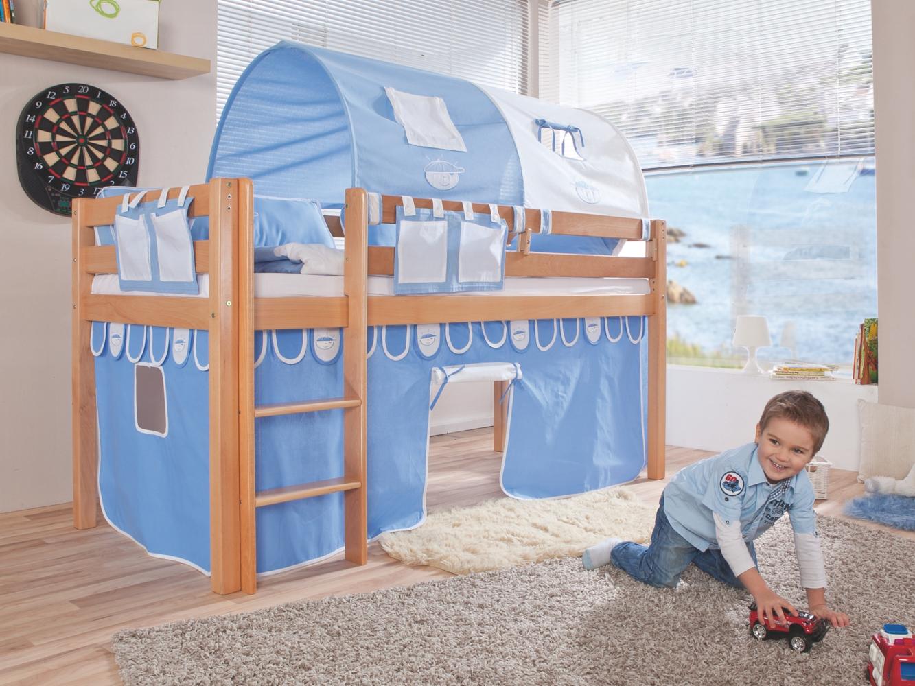 Relita Halbhohes Spielbett ALEX Buche massiv natur lackiert mit Stoffset blau/boy Bild 1