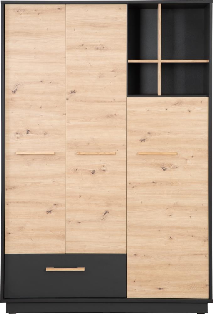 roba Kleiderschrank 'Lenn' 3-türig - in Anthrazit / Holzdekor 'Artisan Eiche' - Inkl. Schublade, offenem Fach & Griffen aus massiver Eiche - HxBxT:195 x 132 x 54 cm Bild 1