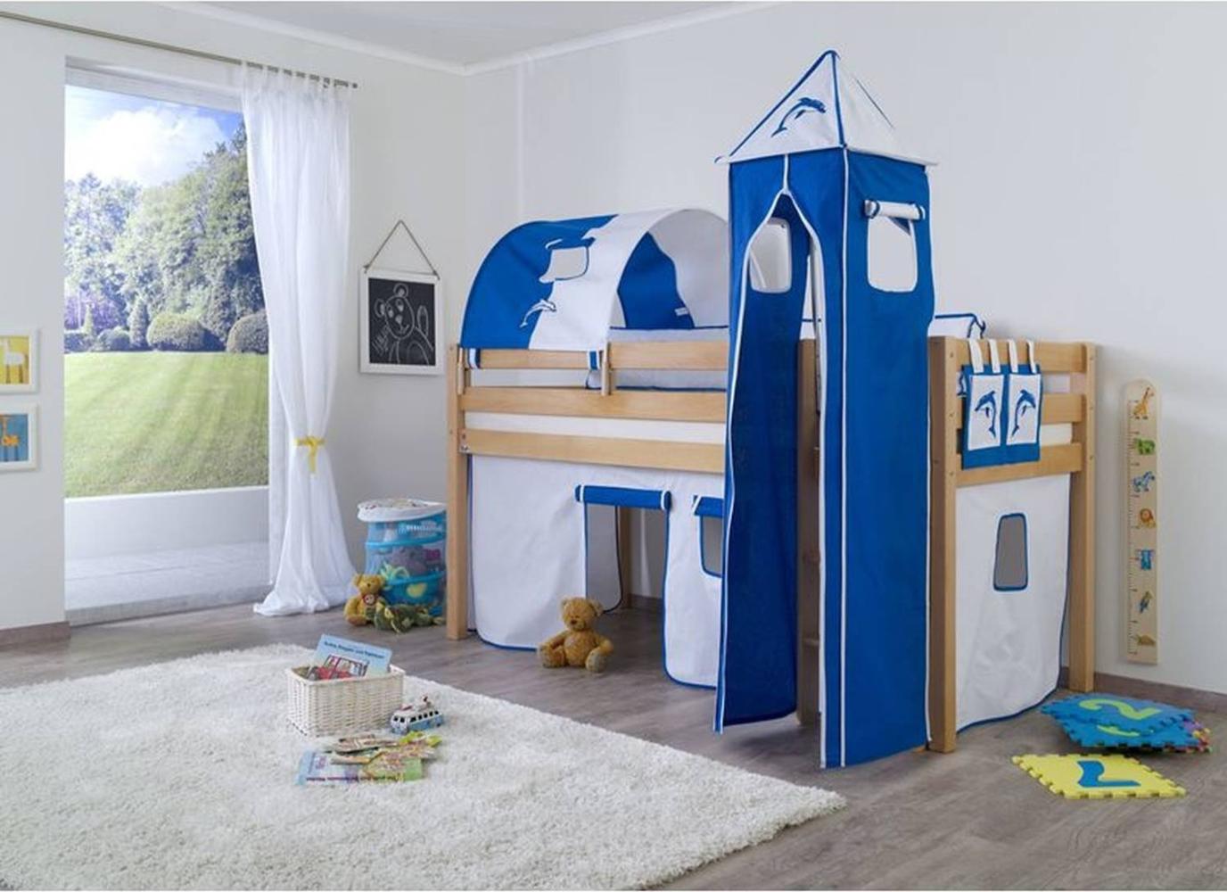 Relita Halbhohes Spielbett ALEX Buche massiv natur lackiert mit Stoffset Vorhang, 1-er Tunnel, Turm, Tasche Bild 1