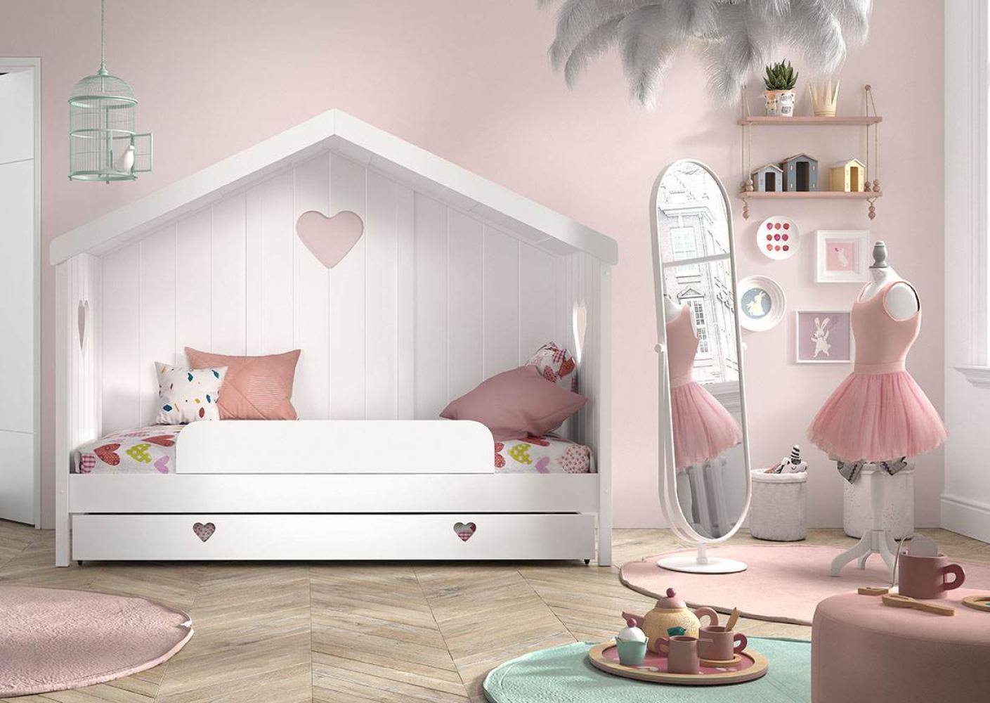 Hausbett Amori mit Rückwand, Liegefläche 90x200 cm, inkl. Rolllattenrost, Absturzschutz und Bettschublade, Ausf. Kiefer und MDF weiß lackiert Bild 1
