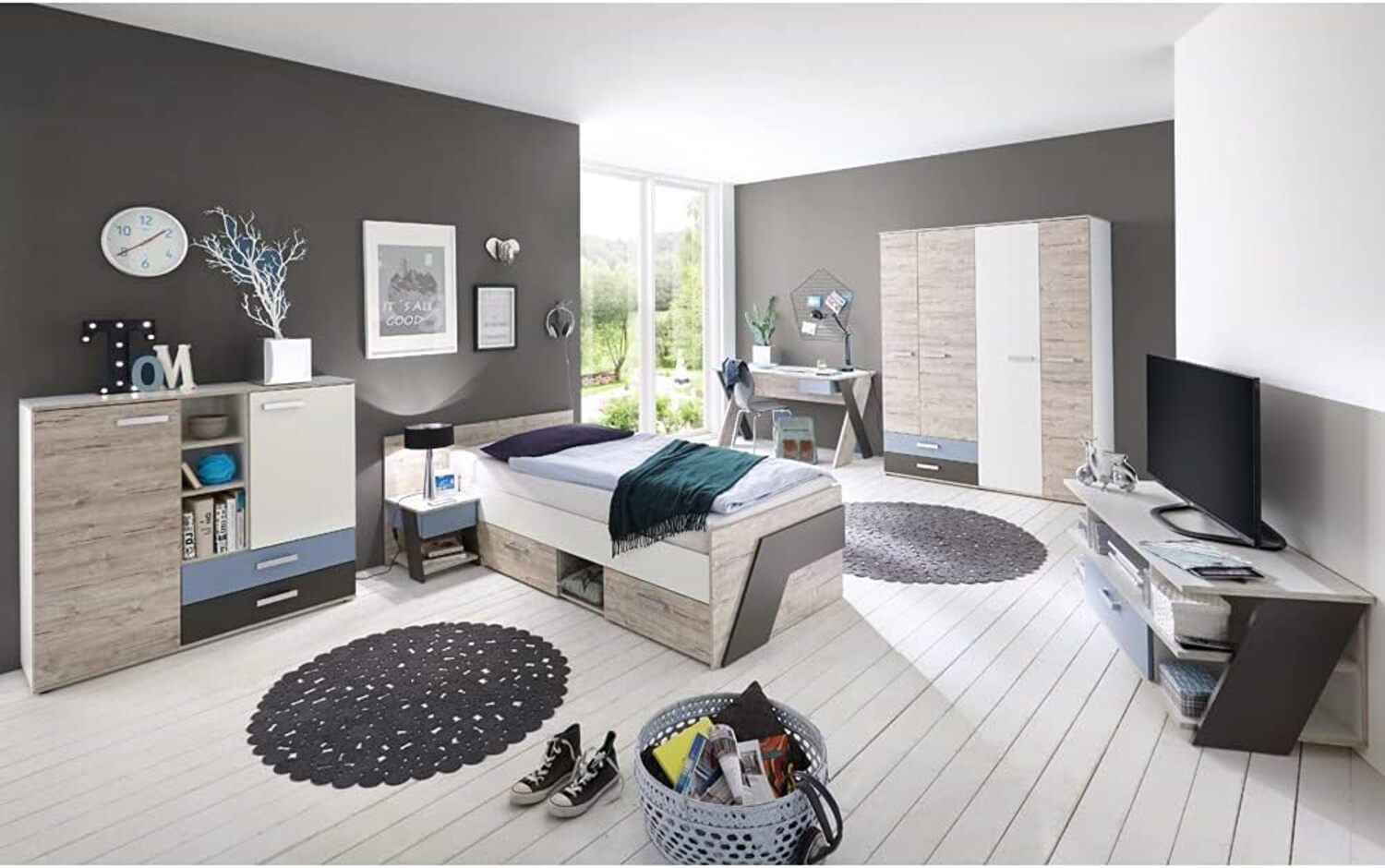 Jugendzimmer Set mit Schreibtisch 6-teilig LEEDS-10 in Sandeiche Nb. mit weiß, Lava und Denim Blau Bild 1