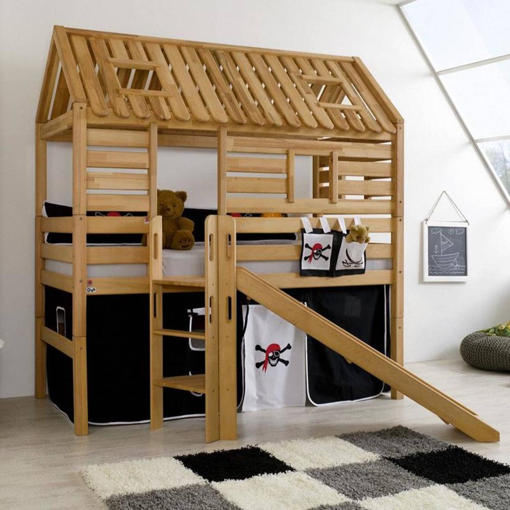 Relita 'Bergen-13' Hausbett mit Rutsche und Textilset, Buche massiv geölt, natur Bild 1