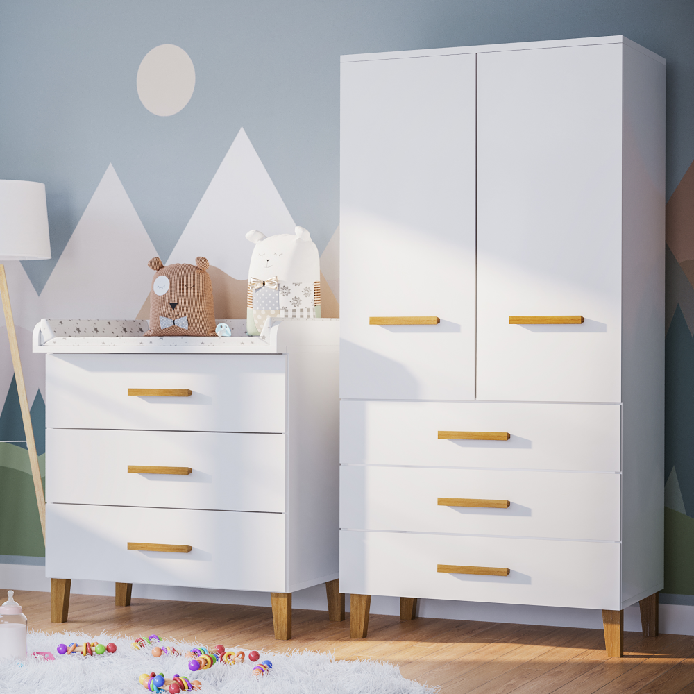 Bellabino 'Liri' 2-tlg. Babyzimmer, weiß/natur, Set aus Wickelkommode mit abnehmbarem Wickelaufsatz und 2-trg. Kleiderschrank Bild 1