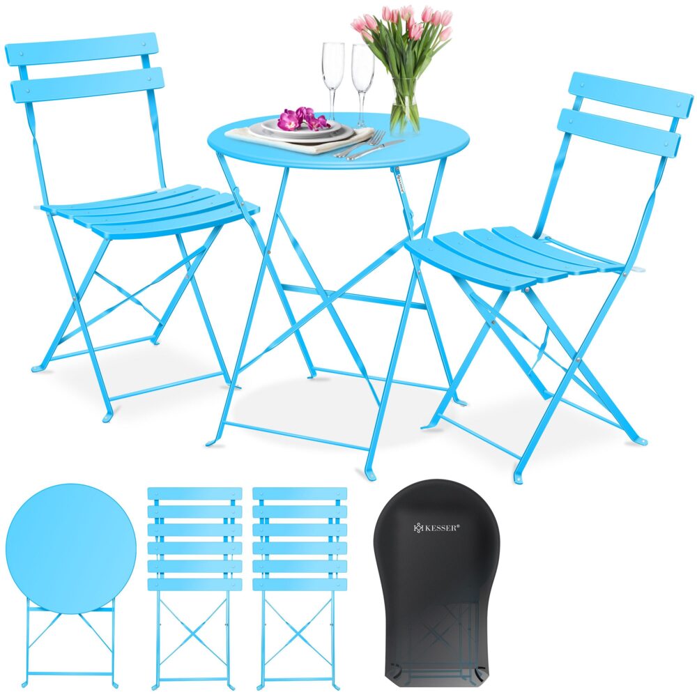 KESSER® Bistroset 3-teilig Bistrotisch mit 2 klappbaren Stühle Set Balkonset Balkonmöbel Klapp-Möbel Gartenset Sitzgarnitur Gartengarnitur Gartenmöbel Sitzgruppe Metall Bistro Gartentisch inkl. Abdeckung Hellblau Bild 1