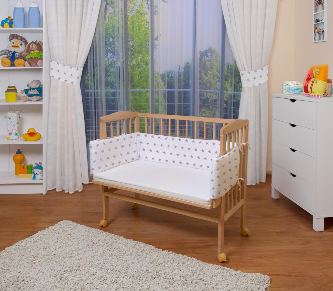 WALDIN Beistellbett mit Matratze, höhenverstellbar, Große Liegefläche, Ausstattung Sterne-grau, Gestell Natur unbehandelt Bild 1