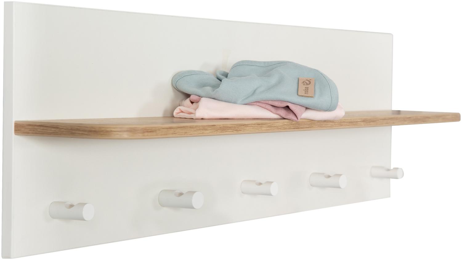 roba Wandregal - 5 Garderobenhaken - 1 Ablage - HxBxT: 28,5x90x16,5cm - Weiß / Natur Bild 1
