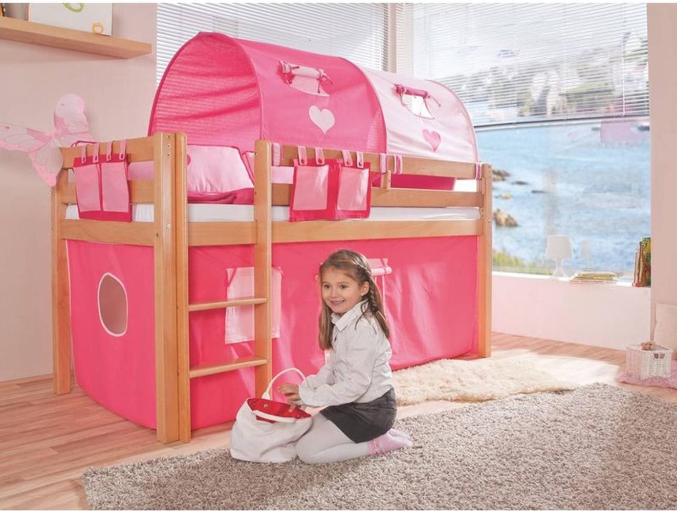 Relita Halbhohes Spielbett ALEX Buche massiv natur lackiert mit Stoffset pink/rosa/herz Bild 1