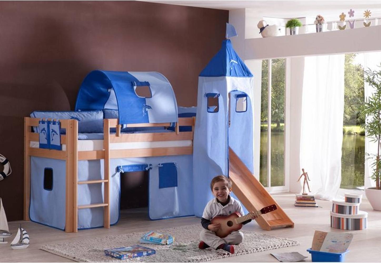 Relita Halbhochbett Spielbett ALEX-13 mit Rutsche/Turm/Tunnel Buche massiv natur lackiert mit Stoffset blau/delfin Bild 1