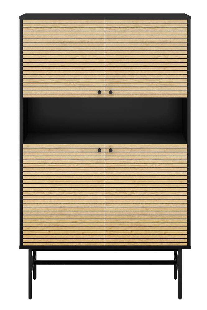 Highboard 100 x 40 cm MDF Schwarz Eichenholzfront geriffelt 4 Türig mit Fach Bild 1