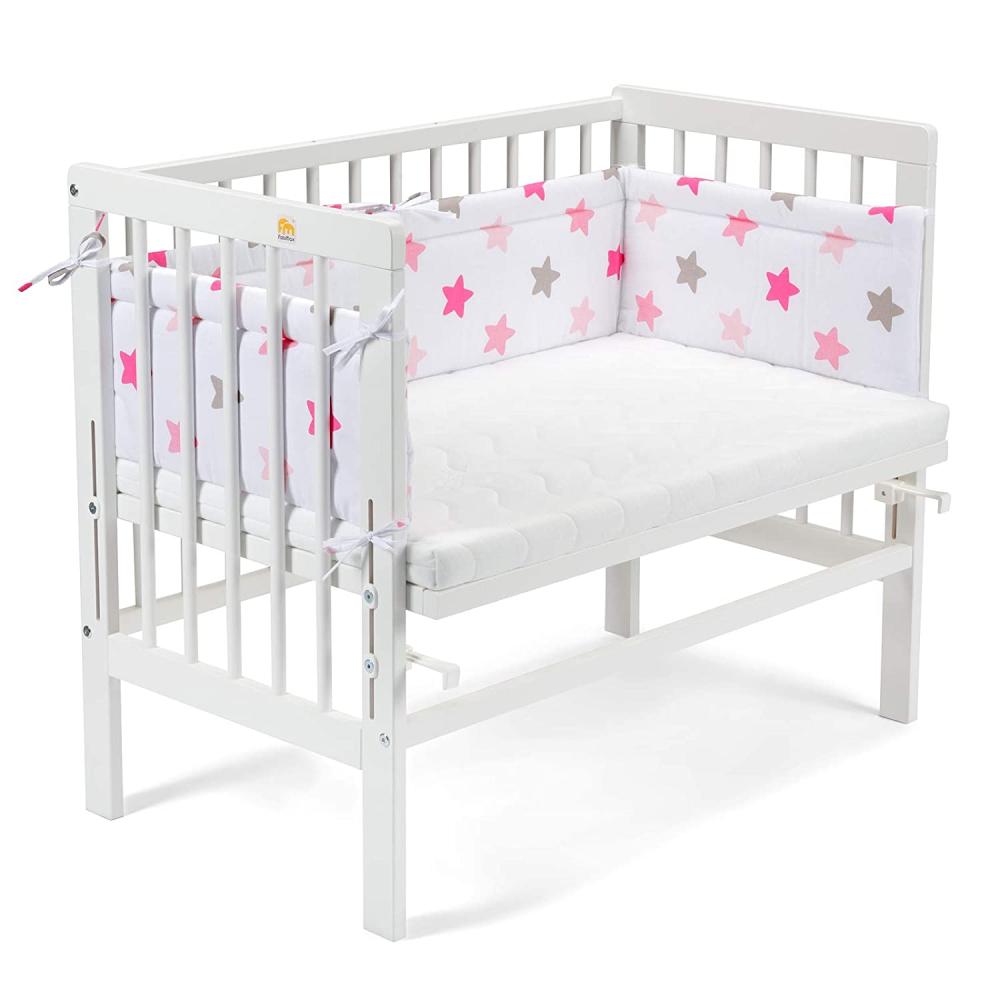 Fabimax 4609 'BASIC' Beistellbett weiß, inkl. Matratze 'COMFORT' und Nestchen 'Sterne' rosa auf weiß Bild 1