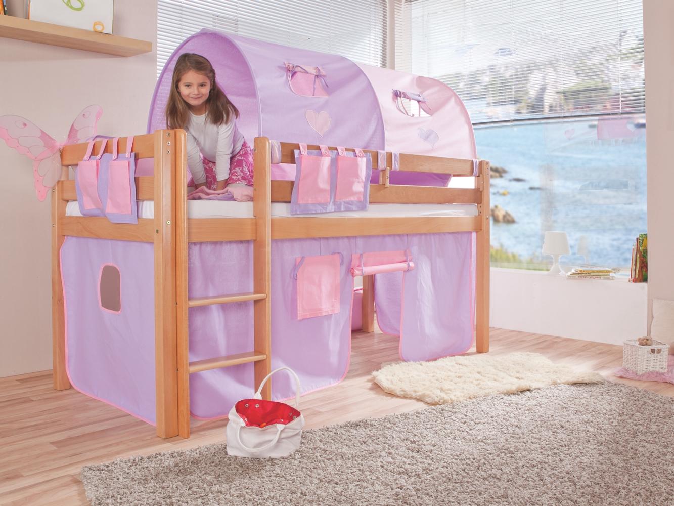 Relita Halbhochbett Spielbett ALEX-13 Buche massiv natur lackiert mit Stoffset purple/rosa/herz Bild 1