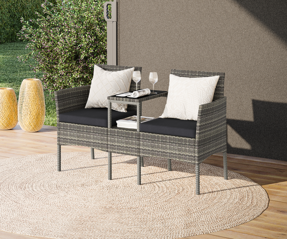 STEELSØN 'Velara' Polyrattan 2-Sitzer Gartenbank mit Tisch, grau-meliert Bild 1