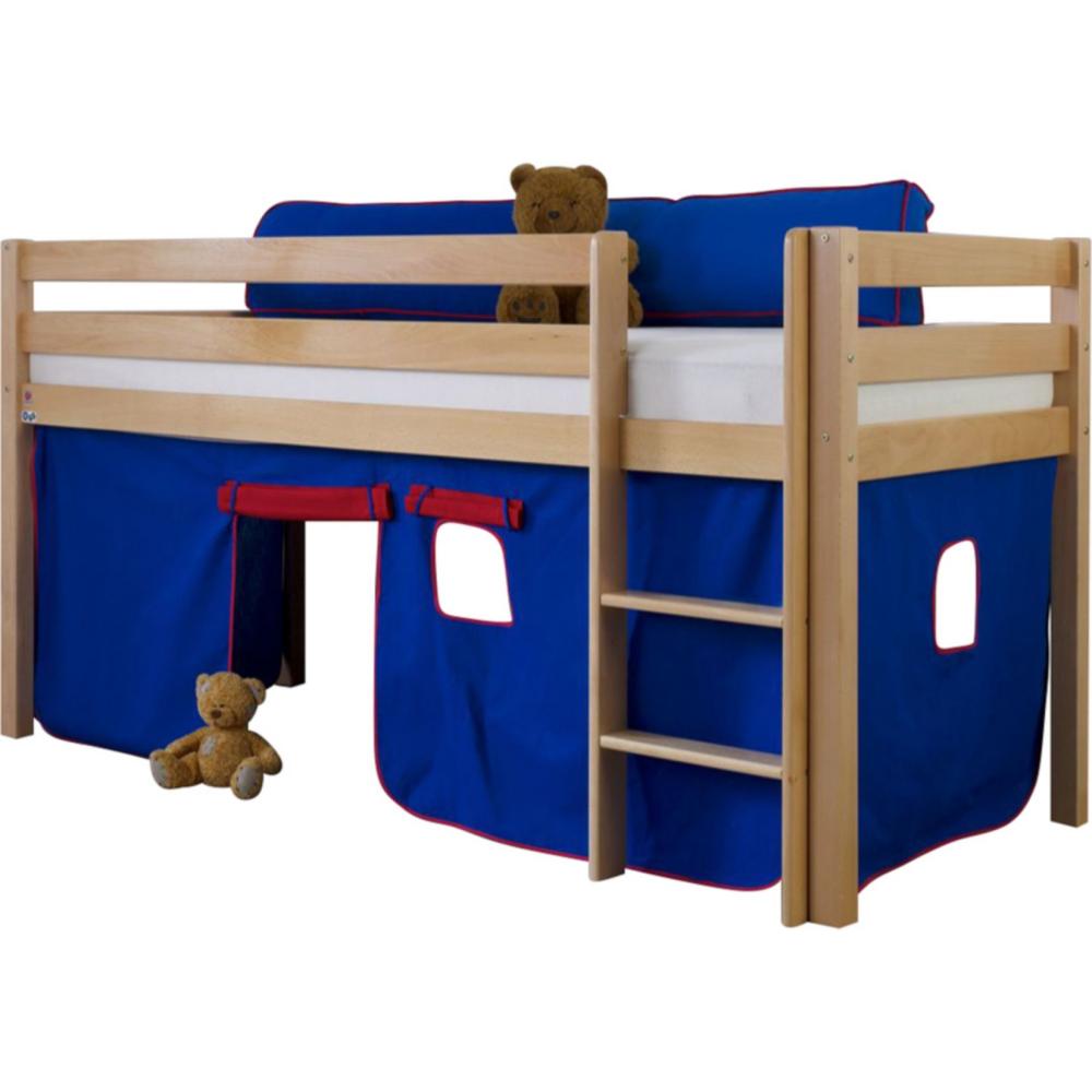 Halbhohes Spielbett ALEX Buche massiv natur lackiert mit Stoffset blau/rot Bild 1